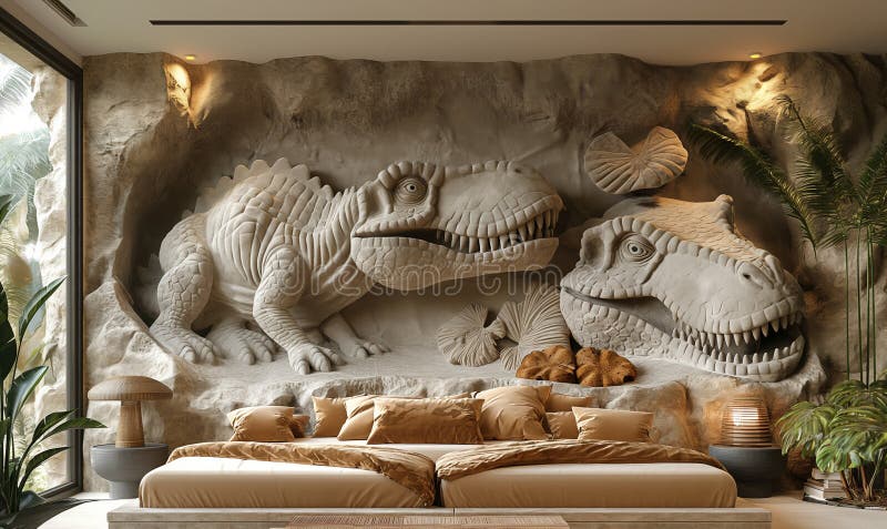 3d Wallpaper, Dinosaur Made of Stone on the Wall in the Room. Stock