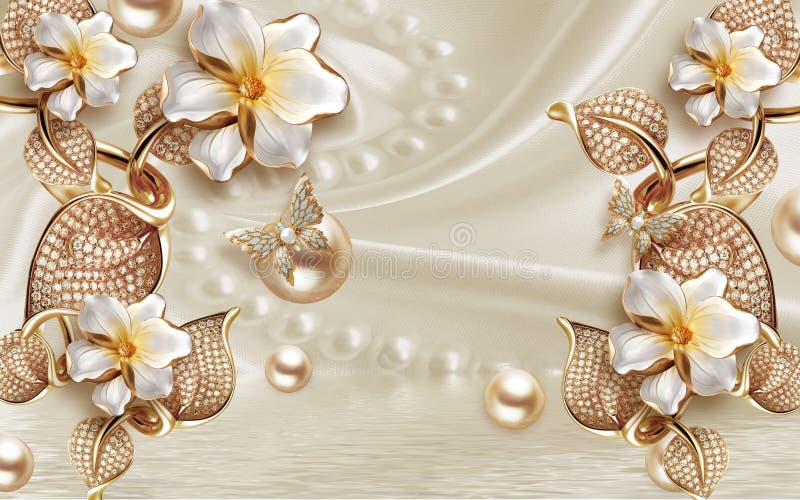 3d Wallpaper Golden Diamond Flowers and Balls on Silk Background Stock  Illustration - Illustration of room, diamond: 223126351