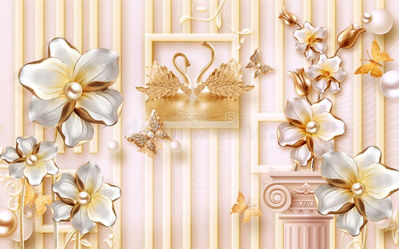 3d wallpaper golden and white  jewelry flowers and butterflies and swans  on  background