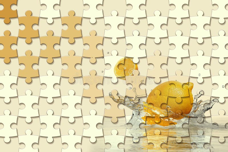 3d wallpaper, jigsaw puzzle pieces, lemon, water splash on yellow background.