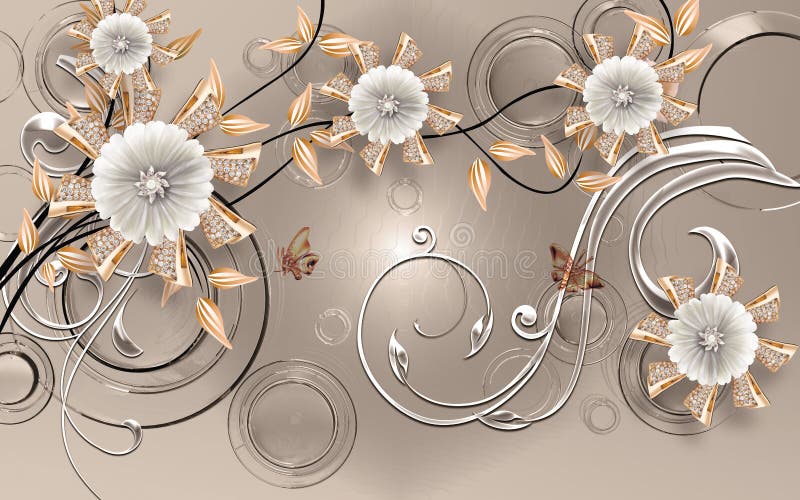 3d Wallpaper Silver and Golden Jewelry Flowers on Silk Background Stock Illustration - Illustration of jewelry, room: 218007388 3d Wallpaper Silver and Golden Jewelry Flowers on Silk Background Stock Illustration - Illustration of jewelry, room: 218007388