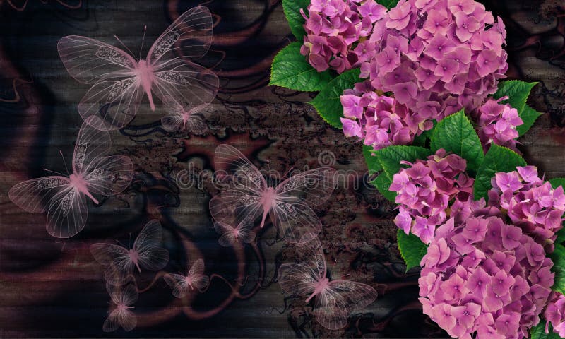 3D wallpaper texture, hydrangea and butterflies on wood background. mural effect. 3D wallpaper texture, hydrangea and butterflies on wood background. mural effect