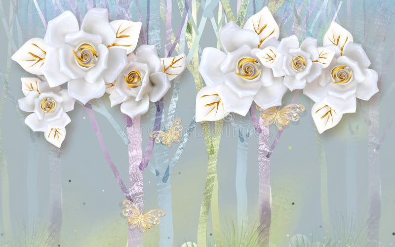 3d wallpaper white diamond flowers with golden butterflies on blue background