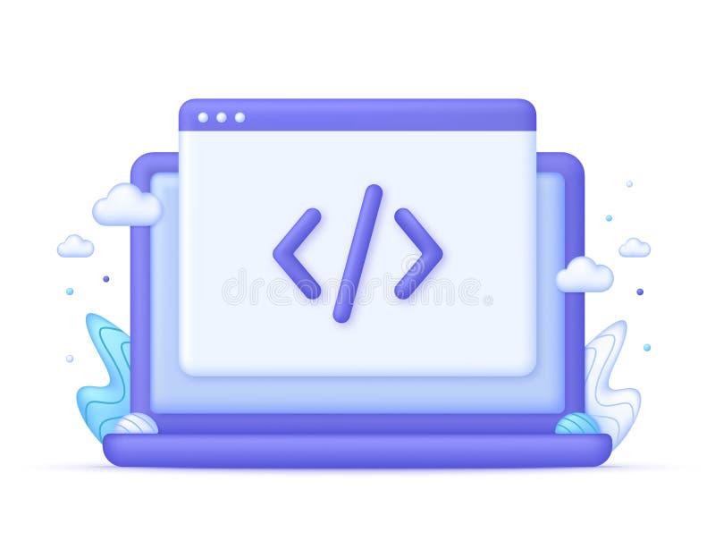 3D Web page and programming code icon on Computer. Development and software concept. vector illustration