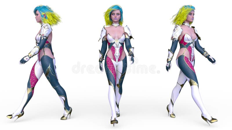 3d weergave van een wandelende cybervrouw vector illustratie