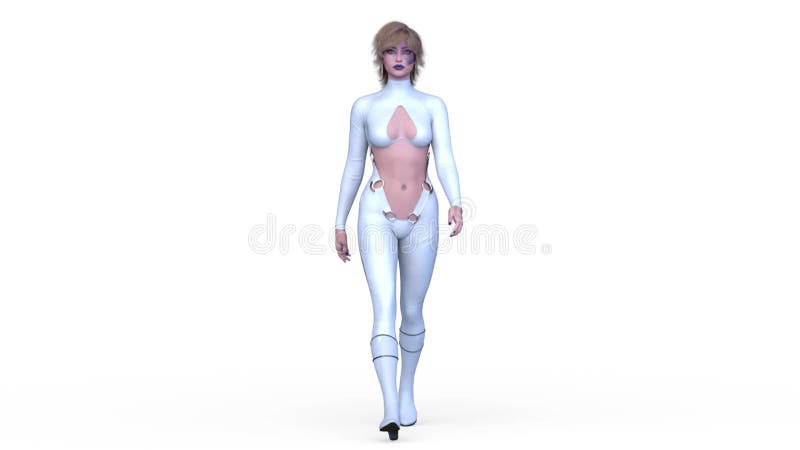 3d weergave van een wandelende cybervrouw vector illustratie