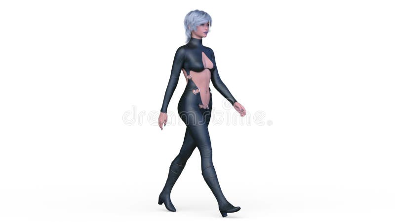 3d weergave van een wandelende cybervrouw stock illustratie