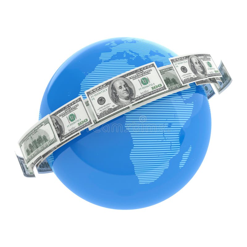 3D-weergave van vliegende dollarbiljetten rond de wereld royalty-vrije illustratie