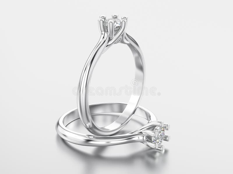 3D illustration two white gold or silver classic ring with diamonds with reflection on a grey background. 3D illustration two white gold or silver classic ring with diamonds with reflection on a grey background