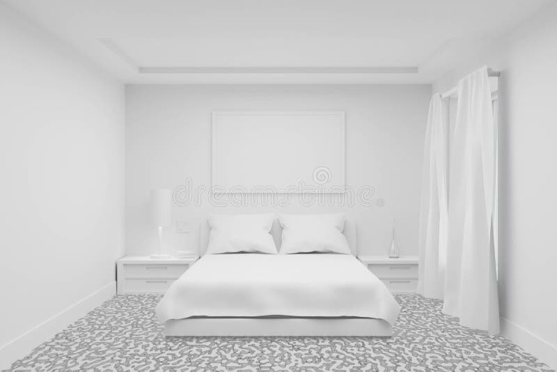 3d white bedroom interior room modern with curtain window and architecture plant on grey background abstract. 3d rendering for stock illustration