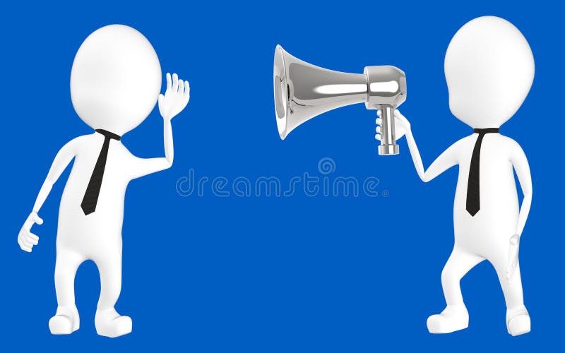 3d white character listening to the loud hailer