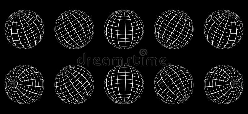 3d White Globe Grid Sphere Set On Black Background Geometric Round