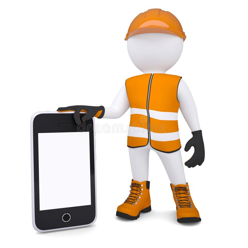 3d White Man in Overalls Holding a Smartphone Stock Illustration ...