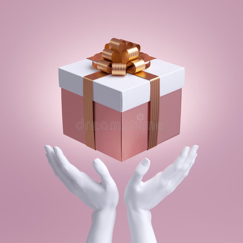 3d white mannequin hands holding wrapped gift box with golden ribbon bow. Seasonal festive clip art, isolated on pink background. Abstract concept stock photo 3d white mannequin hands holding wrapped gift box with golden ribbon bow. Seasonal festive clip art, isolated on pink background. Abstract concept stock photo