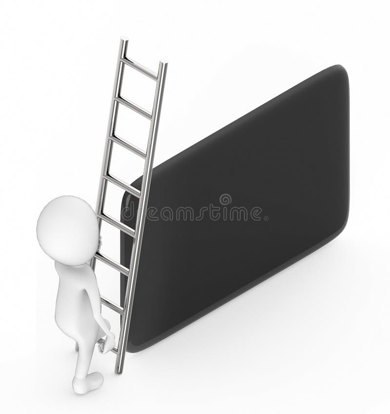 3d white people climb up with the help of a ladder towards a round edged rectangular shape stock illustration