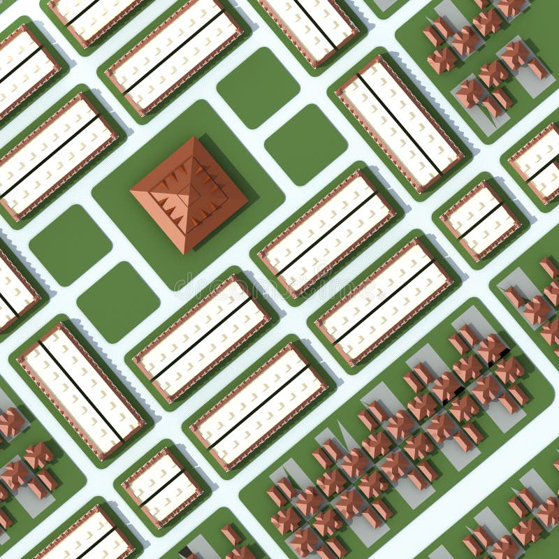 3D widok z lotu ptaka miasto z domami i budynkami w wierzchołku royalty ilustracja