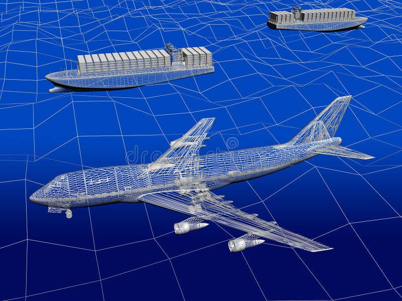 3D Wireframe of Airplane with Ocean Liner Stock Illustration