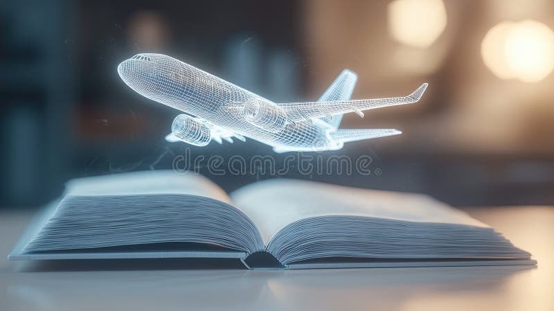 3D wireframe jet model flying out of book pages, representing digital transformation and the future of aeronautics royalty free illustration