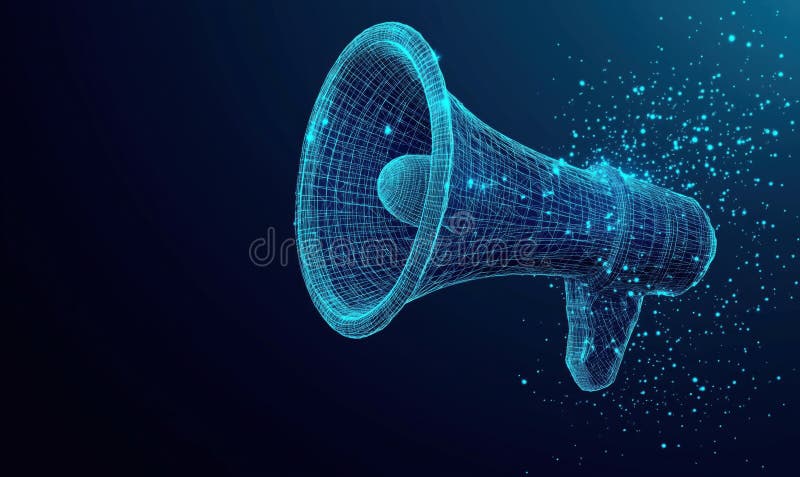 3D wireframe megaphone, digital representation, glowing particles, technology concept stock images