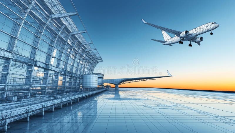 3d wireframe render of a airport architecture abstract stock illustration.
