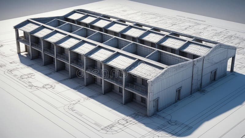 3d wireframe render of a barracks architecture abstrac stock illustration.
