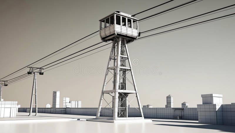 3d wireframe render of a cable car tower architecture stock illustration.