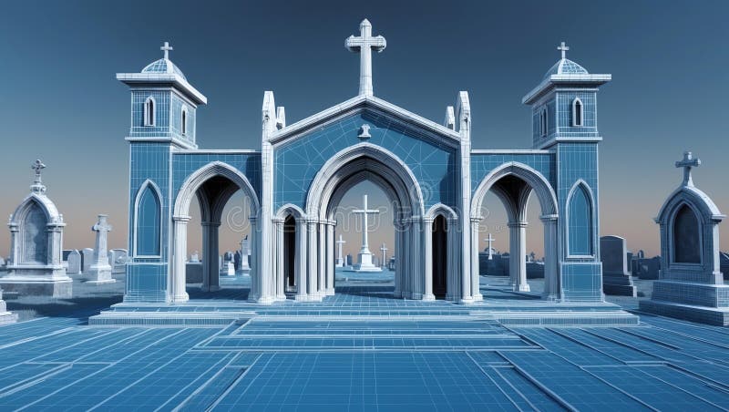 3d wireframe render of a cemetery architecture abstrac stock illustration.