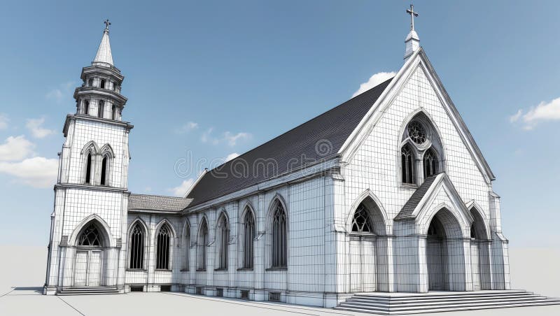 3d wireframe render of a church architecture abstract vector illustration.