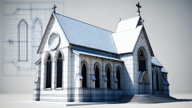 3d wireframe render of a church architecture abstract royalty free illustration.