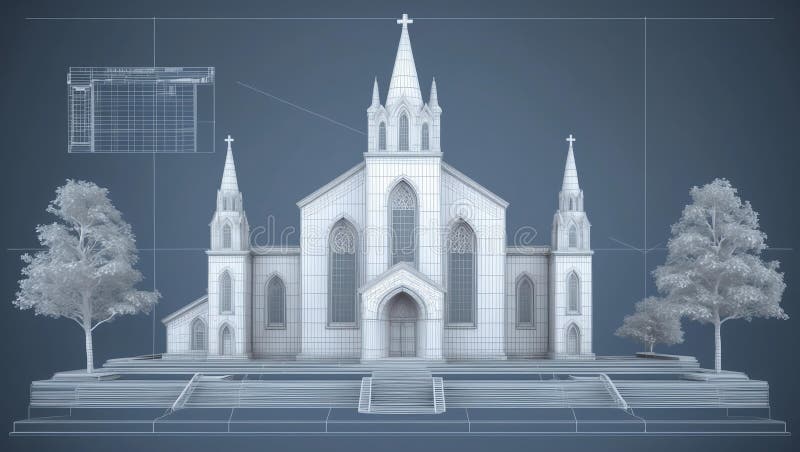 3d wireframe render of a church architecture abstract vector illustration.