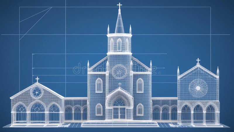 3d wireframe render of a church architecture abstract royalty free illustration.