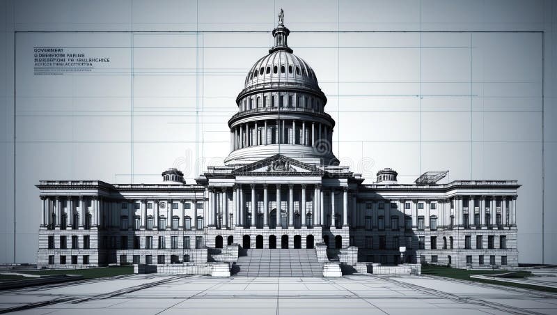 3d wireframe render of a government building architect stock illustration.