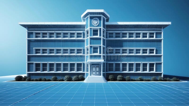 3d wireframe render of a high school architecture abst vector illustration.