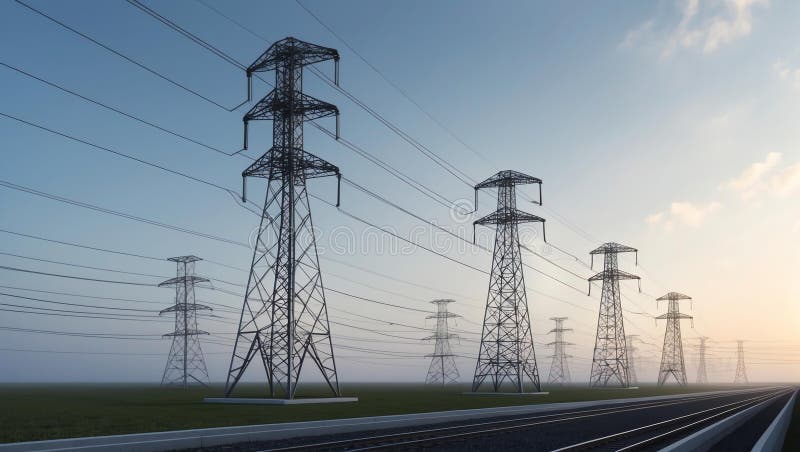 3d wireframe render of a high voltage transmission tow stock illustration.