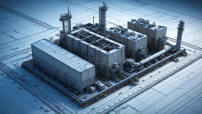 3d wireframe render of a mining facility architecture stock illustration.