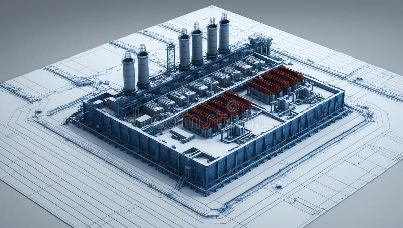 3d wireframe render of a mining facility architecture vector illustration.