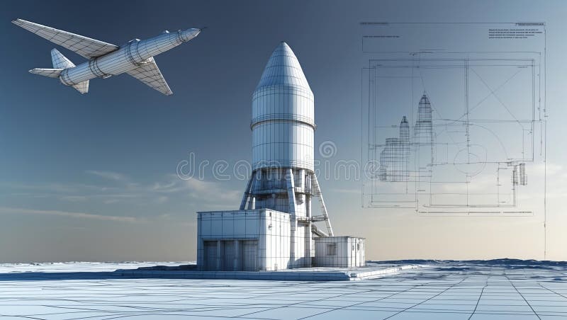 3d wireframe render of a missile silo architecture abs stock illustration.