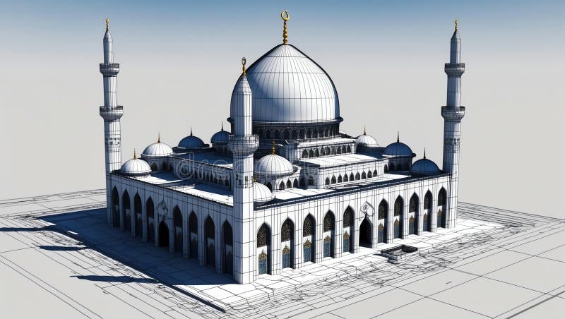 3d wireframe render of a mosque architecture abstract stock illustration.