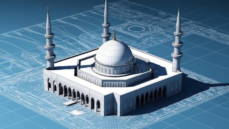 3d wireframe render of a mosque architecture abstract stock illustration.