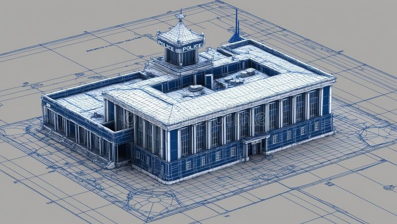 3d wireframe render of a police station architecture a vector illustration.