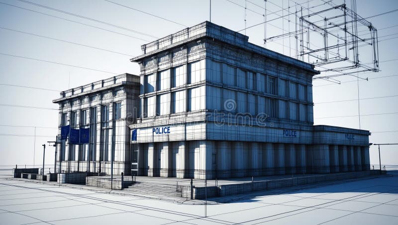 3d wireframe render of a police station architecture a royalty free illustration.