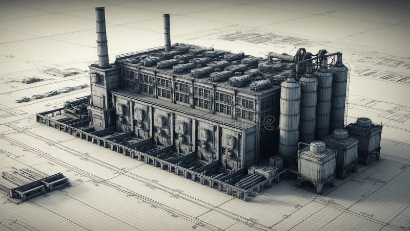 3d wireframe render of a war factory architecture abst vector illustration.