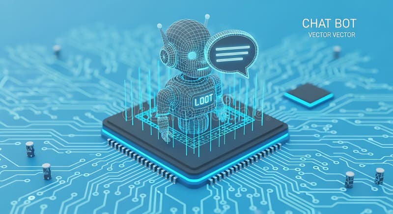 A 3D wireframe robot with the label \'LOOT\' is displayed on a microchip surrounded stock illustration