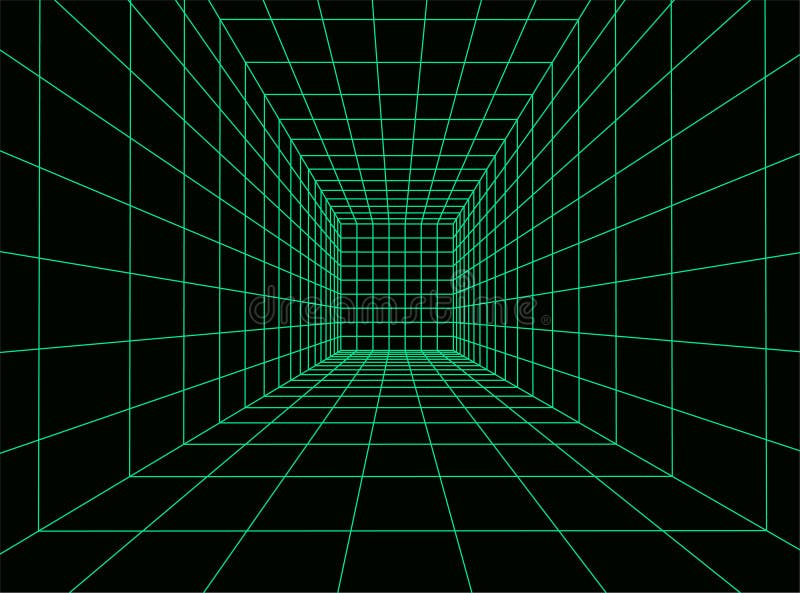 3D Wireframe Room Mesh on Green Background. Abstract Perspective Grid ...