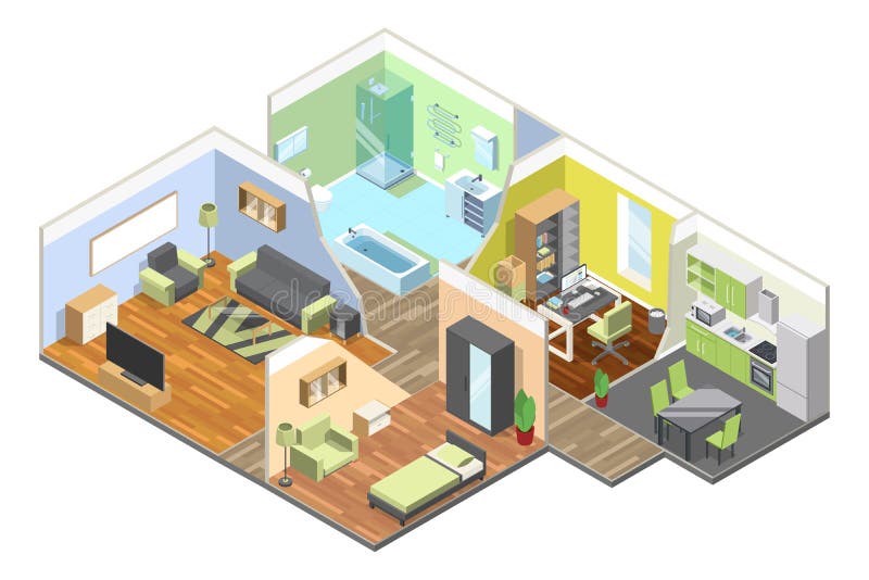 3d interior of modern house with kitchen, living room, bathroom and bedroom. Isometric illustrations set. Apartment isometric bathroom and dining room vector. 3d interior of modern house with kitchen, living room, bathroom and bedroom. Isometric illustrations set. Apartment isometric bathroom and dining room vector