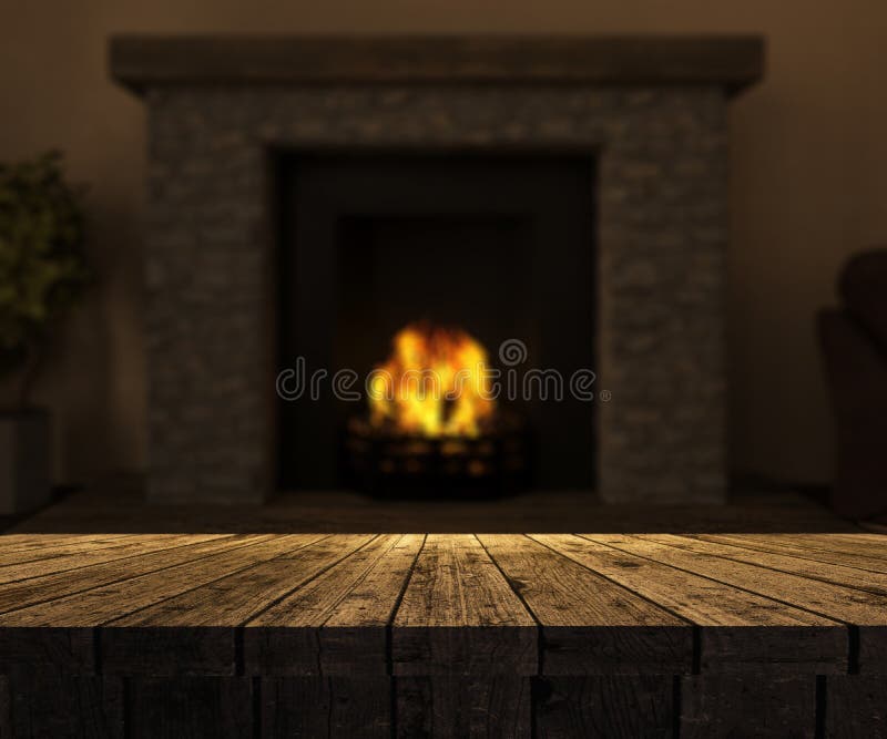 3D wooden table looking out to a defocussed fireplace with roaring fire
