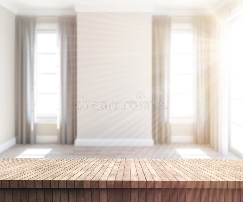 3D wooden table looking out to a sunny empty room vector illustration