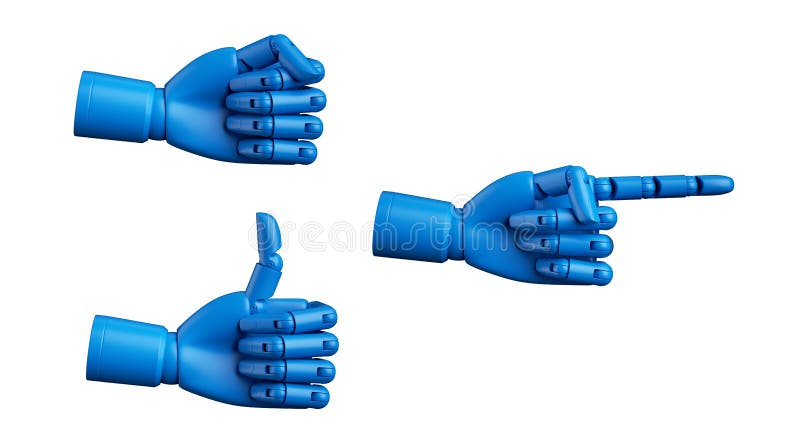 3d wydziela niebieski manekin ręczny mechaniczny zestaw gestów wyizolowanych na białym tle. kciuk ilustracji