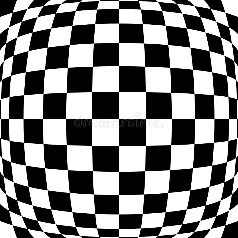 3d-Wölbung, konvexe, globalisierte, protuberante Verzerrung, Verformung auf karierten, schwarz-weißen Quadraten Muster, Hintergru lizenzfreie abbildung