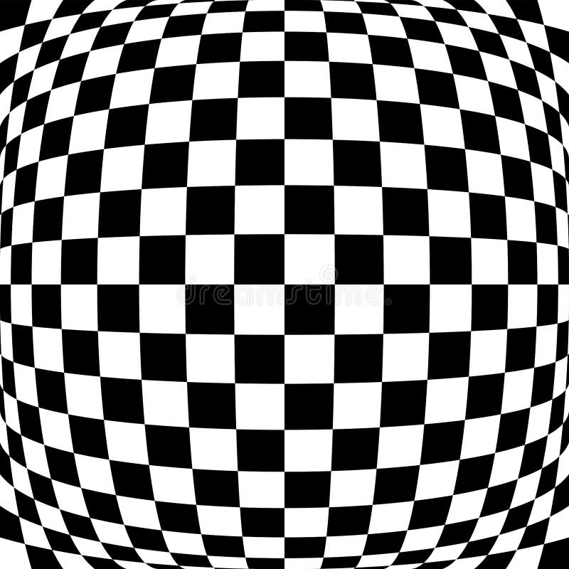 3d-Wölbung, konvexe, globalisierte, protuberante Verzerrung, Verformung auf karierten, schwarz-weißen Quadraten Muster, Hintergru lizenzfreie abbildung